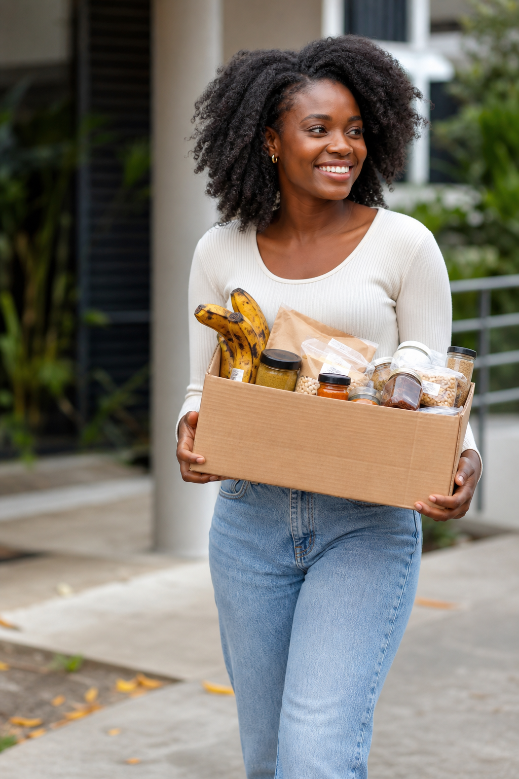 Someone carrying their Ojamma Box of African and Caribbean groceries